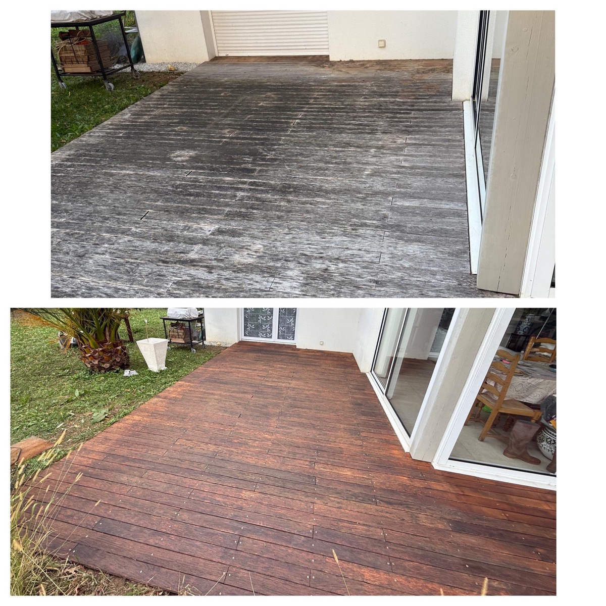 Terrasse bois nettoyée par brossage à sec — méthode sans Karcher