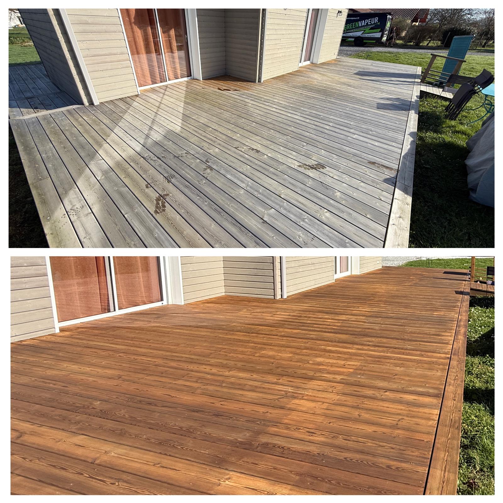 Terrasse bois avant et après démoussage professionnel par brossage à sec