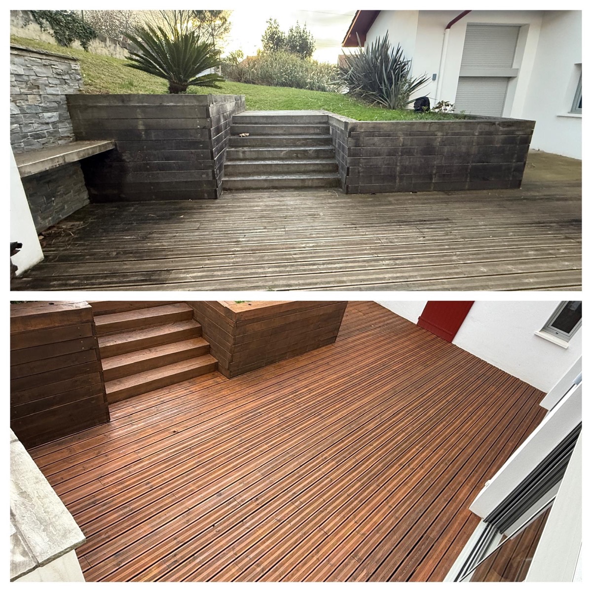 Entretien Terrasse Bois à Tarnos — Avant et après nettoyage terrasse bois avec escaliers