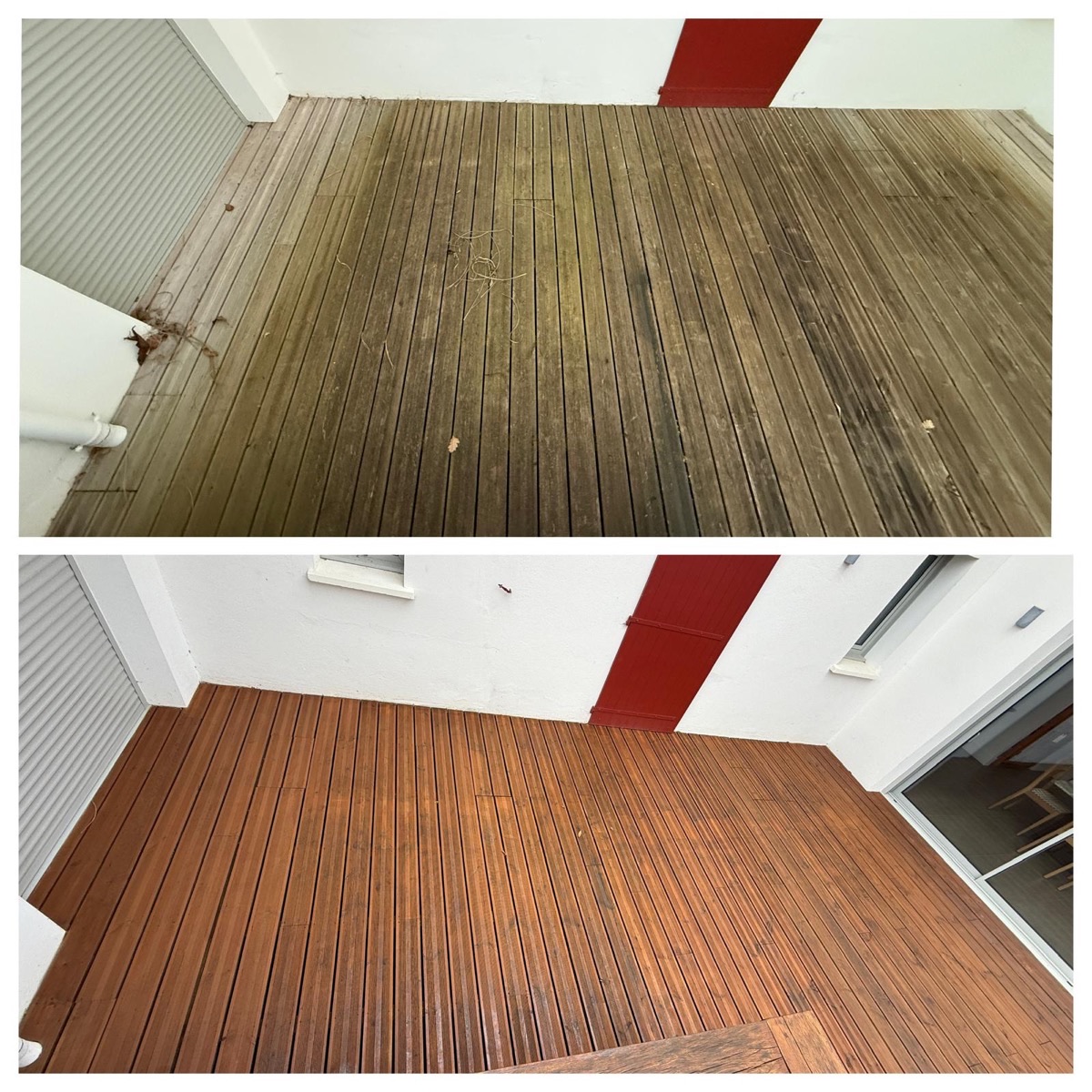 Nettoyage Terrasse Bois à Capbreton — Avant et après nettoyage terrasse bois envahie de mousse verte
